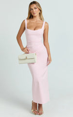 Benita Midi Dress - Scoop Neck Ruched Fitted Dress in Pink