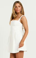 Ida Mini Dress - Wide Strap Straight Neck  Bow Back Dress in White