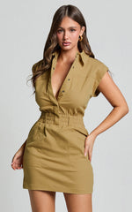 Dana Mini Dress - Collared Button Front Utility Dress in Dessert Taupe