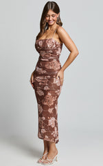 Vinnie Midi Dress - Strappy Ruched Bust Bodycon Dress in Chocolate Floral