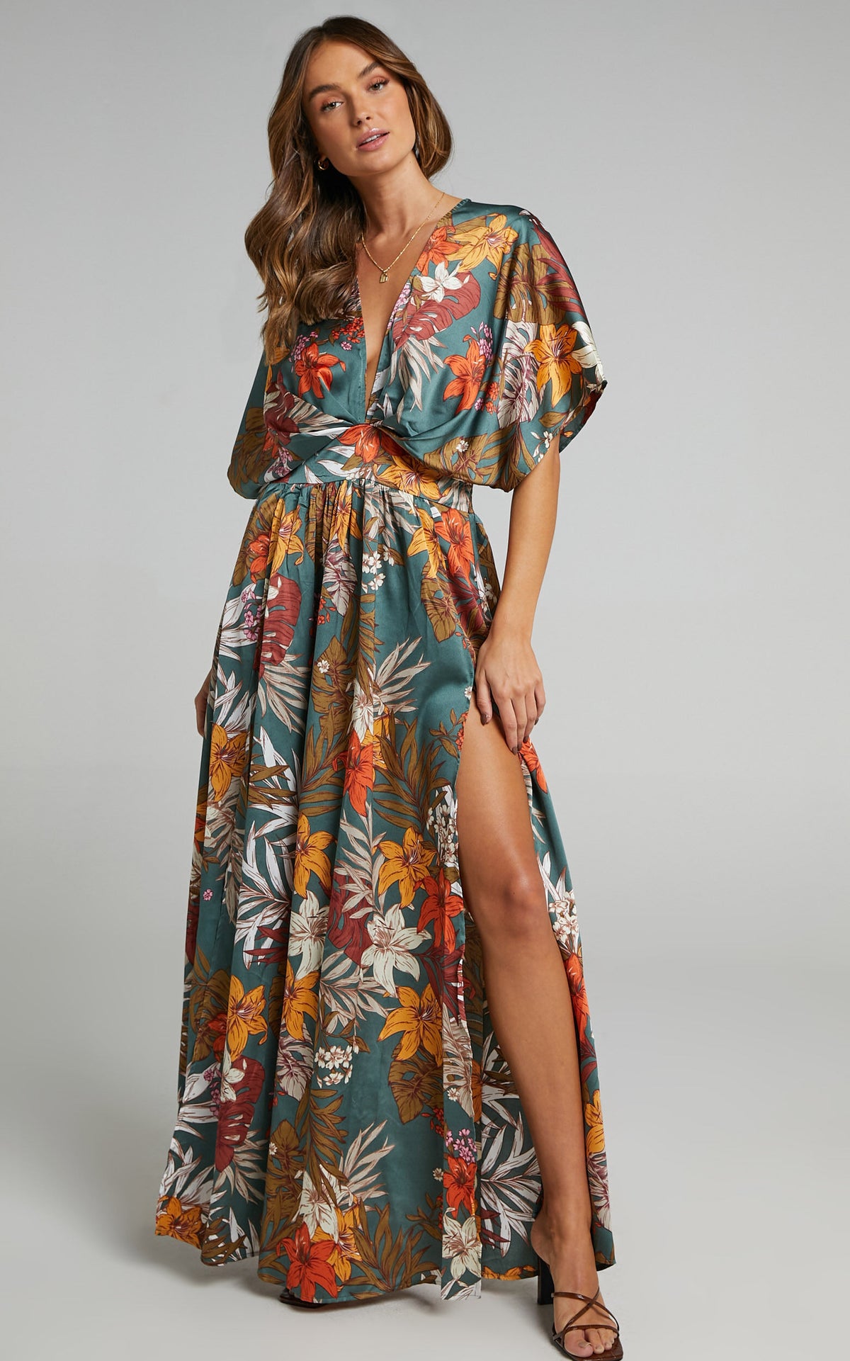 Vacay Ready Maxi Dress - Plunge Thigh Split Dress in Teal Floral Satin