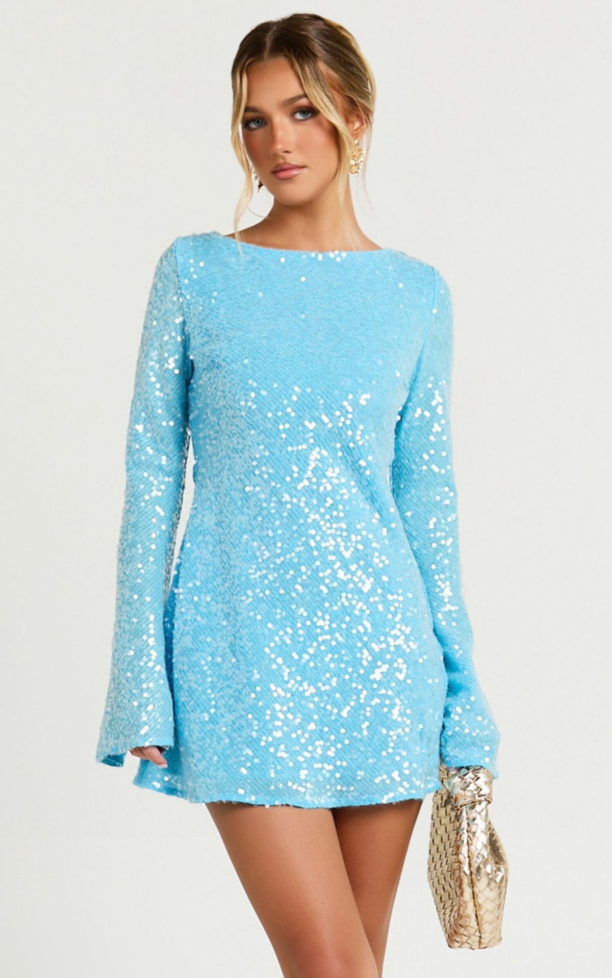 Bertina Mini Dress - Sequin Scoop Neck Low Back Dress in Blue