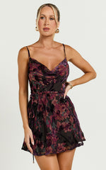Mariana Mini Dress - Cowl Neck Drawstring Waist Slip Dress in Burn Out Floral