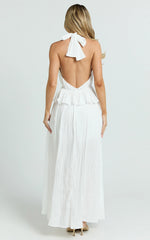 Heidi Maxi Dress - Deep V Plunge Halter Neck Brooch Detail Split Skirt Dress in White