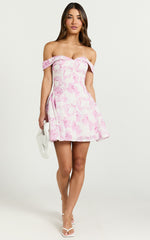 Alkie Mini Dress - Off Shoulder Sweetheart Neck Fit & Flare Dress in Print