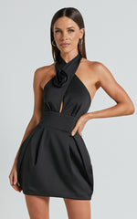 Carla Mini Dress - Halter Tie Neck Rosette Detail Dress in Black