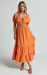 Claritza Midi Dress - Linen Look Short Puff Sleeve Square Neck Tiered Dress in Sherbert
