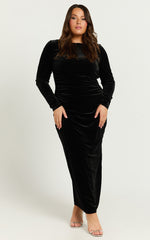 Mirabelle Midi Dress - Long Sleeve Back Cut Out Ruched Velvet Dress in Black