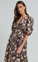 Amalie The Label - Francie Linen Blend Puff Sleeve Wrap Midi Dress in Sahara Print