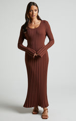 Blaire Midi Dress - Long Sleeve Tie Back Flare Dress in Chocolate
