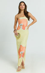 Aretta Maxi Dress - Strapless Fitted Placement Mesh Print Dress in Orchid Print