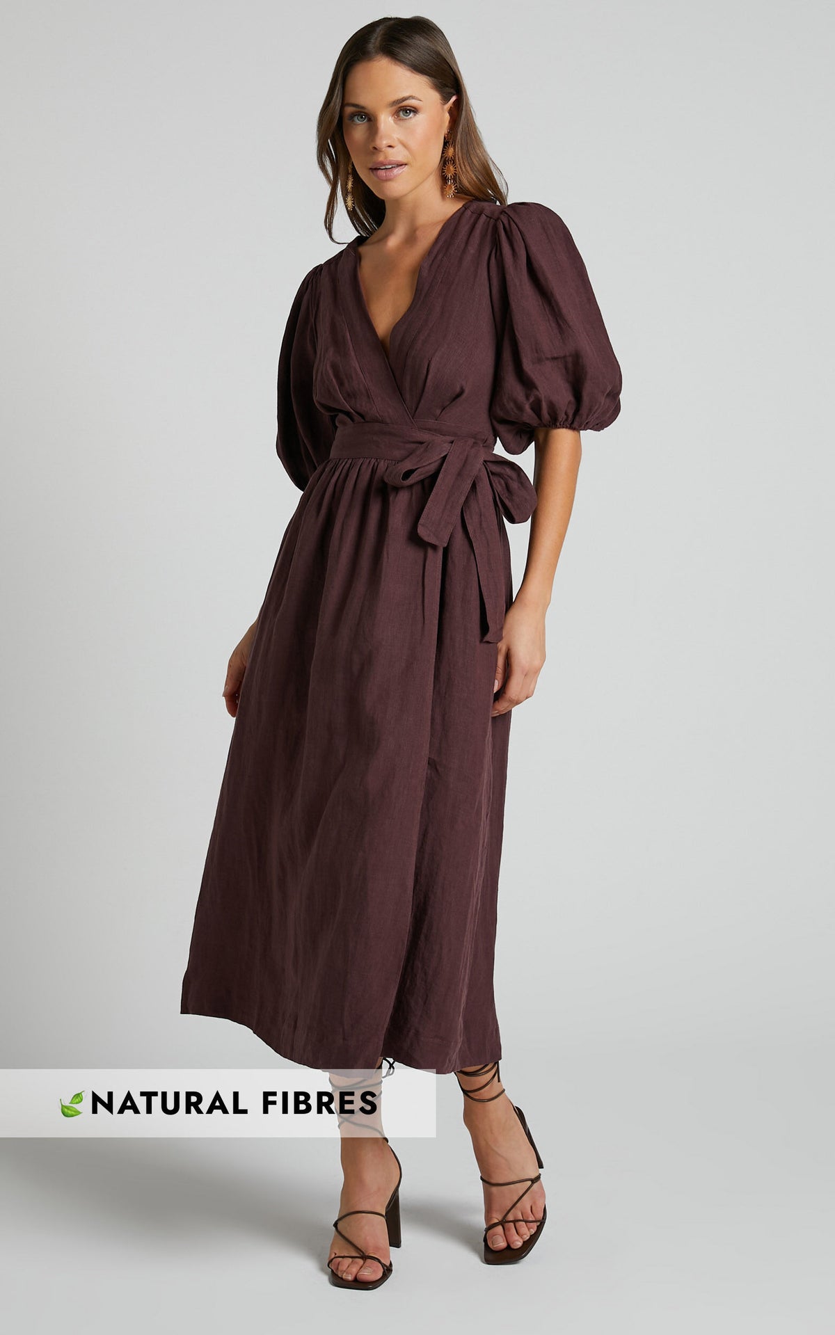 Amalie The Label - Franc Linen Puff Sleeve Wrap Midi Linen Dress in Dark Plum