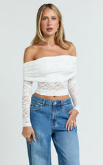 Roxanna Top - Lace Off Shoulder Long Sleeve Top in White