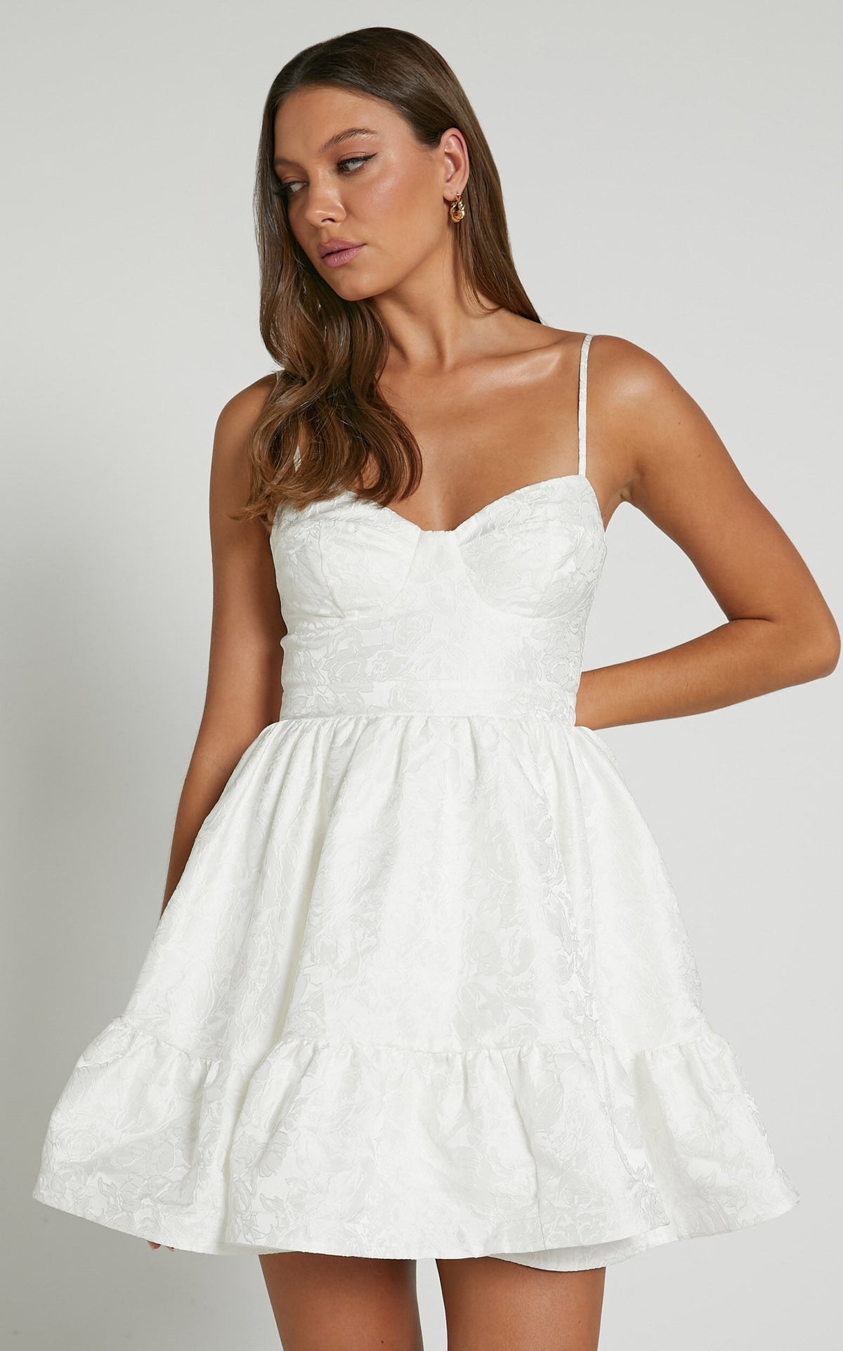 Kena Mini Dress - Jacquard Bustier Dress in White
