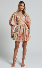 Amalie The Label - Movida Linen Blend Balloon Sleeve Crossover Band Mini Dress in Morocco Print