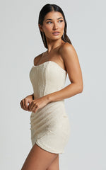 Akhira Mini Dress - Corset Detail Strapless Sequin Dress in Off White
