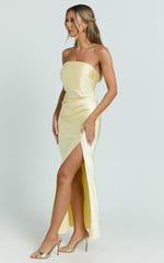 Glenda Midi Dress - Satin Strapless Side Split Dress in Lemon