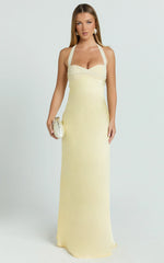 Flynn Maxi Dress - Satin Halter Sweetheart Neck Dress in Butter Yellow