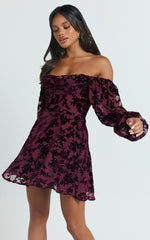 Jessell Mini Dress - Long Sleeve Cowl Corset Dress in Wine Burnout