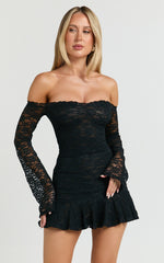 Frieda Mini Dress - Off Shoulder Flared Long Sleeve Stretch Lace Dress in Black