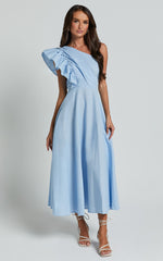 Dixie Midi Dress - Linen Look One Shoulder Ruffle Dress in Blue