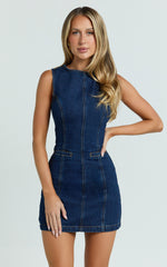 Olenna Mini Dress - High Neck Fitted Denim Dress in Indigo Wash