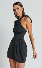 Carla Mini Dress - Halter Tie Neck Rosette Detail Dress in Black
