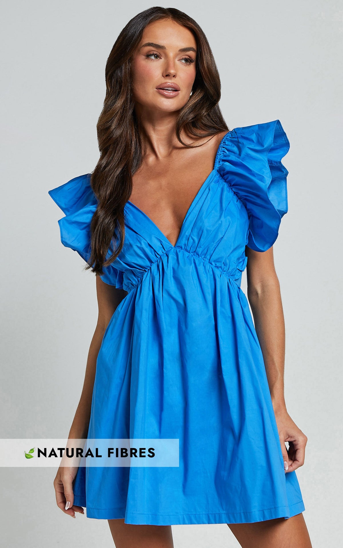 Raiza Mini Dress - Ruffle Sleeve Tie Back Plunge Dress in Blue
