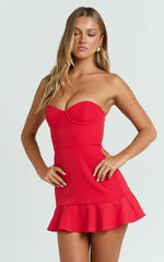 Rhea Mini Dress - Strapless Bustier Fit Bodice Drop Waist Frill Hem Skirt in Raspberry