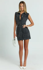 Jasse Mini Dress - Hardware Button Through Denim Dress in Washed Black