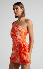 Brailey Mini Dress - One Shoulder Wrap Front Dress in Orange Jacquard