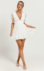 Pamela Mini Dress - Embroidered Plunge Tiered Dress in White