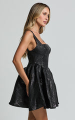 Andree Mini Dress - Metallic Jacquard Full Skirt Mini Dress in Black