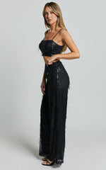 Claudette Pants - High Waist Wide Leg Fringe Sequin Pants in Black