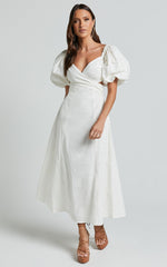 Amalie The Label - Janae Linen Blend Puff Sleeve Cut Out Midi Dress in White