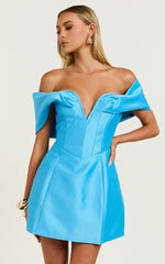 Jayce Mini Dress - Plunge Neck Off Shoulder Tulip Dress in Blue