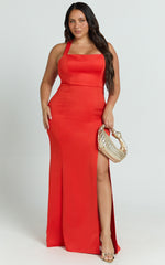Lainie Maxi Dress - Straight Neck Thigh Split Cross Back in Orange