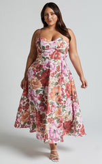 Robertson Midi Dress - Strappy Sweetheart Bustier Flare Dress in Spring Floral