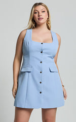 Kenna Mini Dress - Square Neck Button Down Mini Dress in Powder Blue