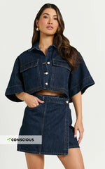 Katherine Top - Crop Button Down Collared Recycled Denim Short Sleeve Top in Dark Blue Wash