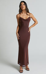 Ariel Midi Dress - Mesh Bodycon Tie Detail Dress in Chocolate