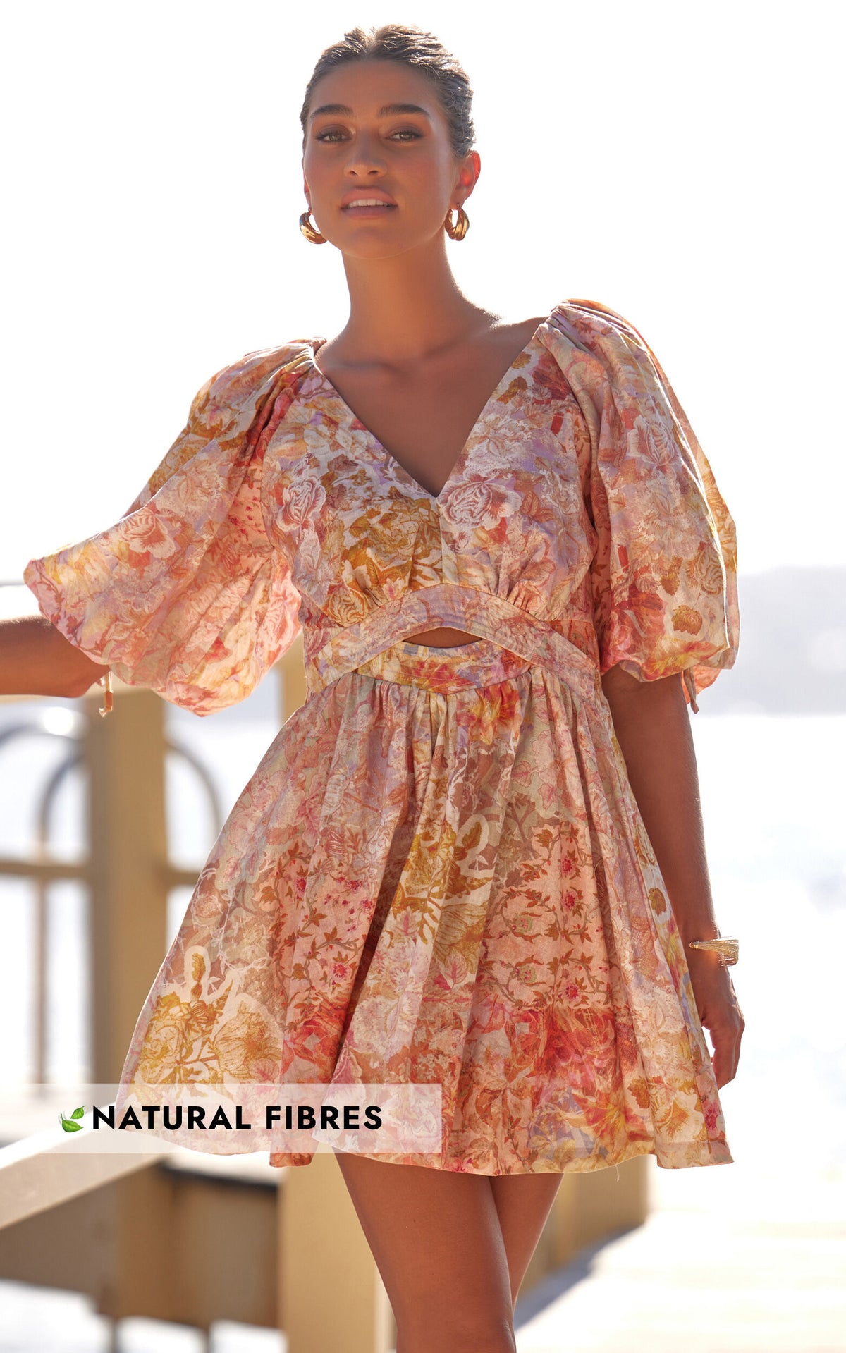 Amalie The Label - Movida Linen Blend Balloon Sleeve Crossover Band Mini Dress in Morocco Print