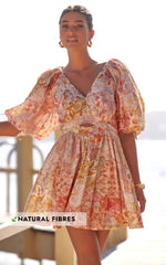 Amalie The Label - Movida Linen Blend Balloon Sleeve Crossover Band Mini Dress in Morocco Print