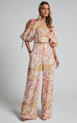 Amalie The Label - Aldina Linen Blend High Waisted Belted Straight Leg Pants in Morocco Print