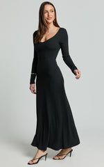 Lydia Midi Dress - V Neck Long Sleeve Knitted Dress in Black