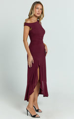 Judee Midi Dress - One Shoulder High Side Split Dress in Wine