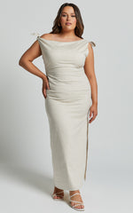 Cincinnati Midi Dress - Off The Shoulder Side Split Column Linen Dress in Beige