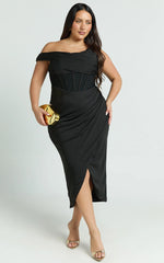 Aidia Midi Dress - Off Shoulder Draped Corset Dress in Black