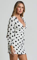Robyn Mini Dress - Long Balloon Sleeve Plunge Neck Mini Dress in Black Spot