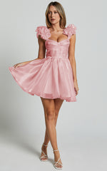 Amber Mini Dress - Sleeveless Ruffle Detail Sweetheart Pleated Dress in Pink